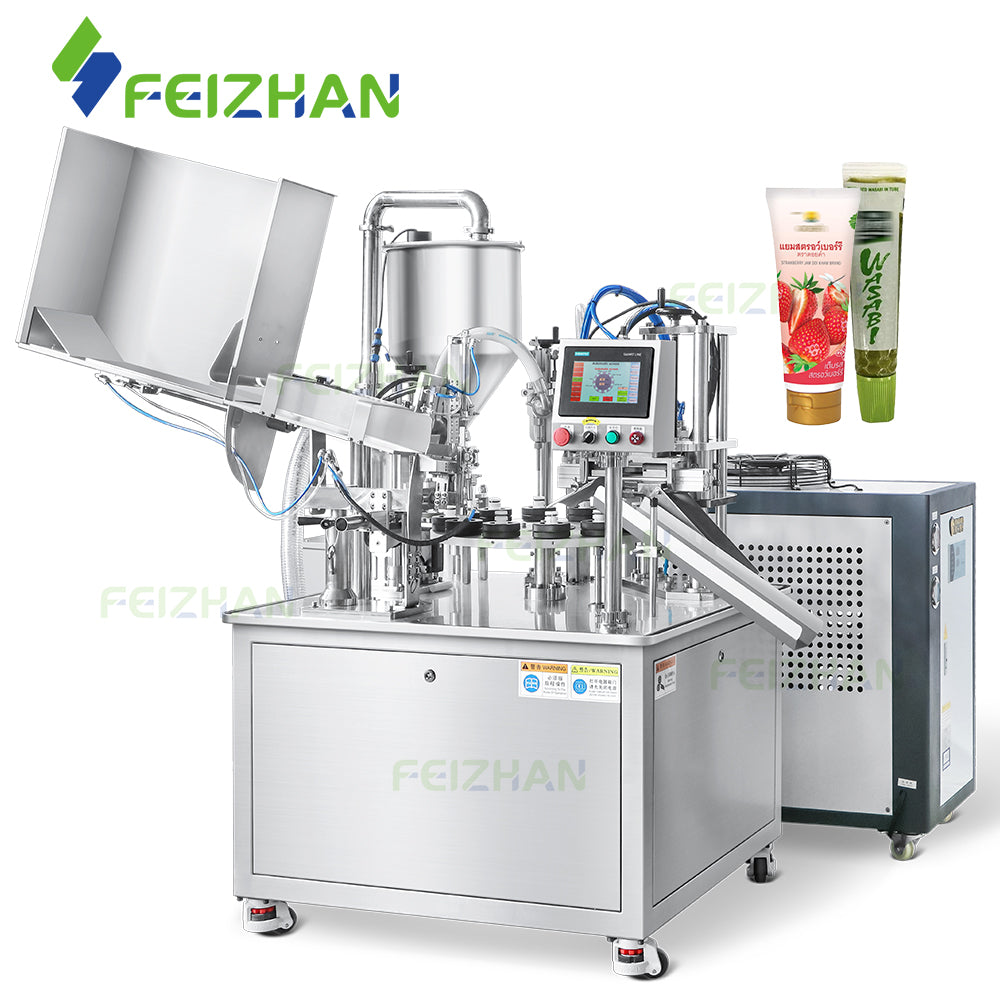Automated soft tube filling sealing machine for sauce with Feizhan branding on a white background