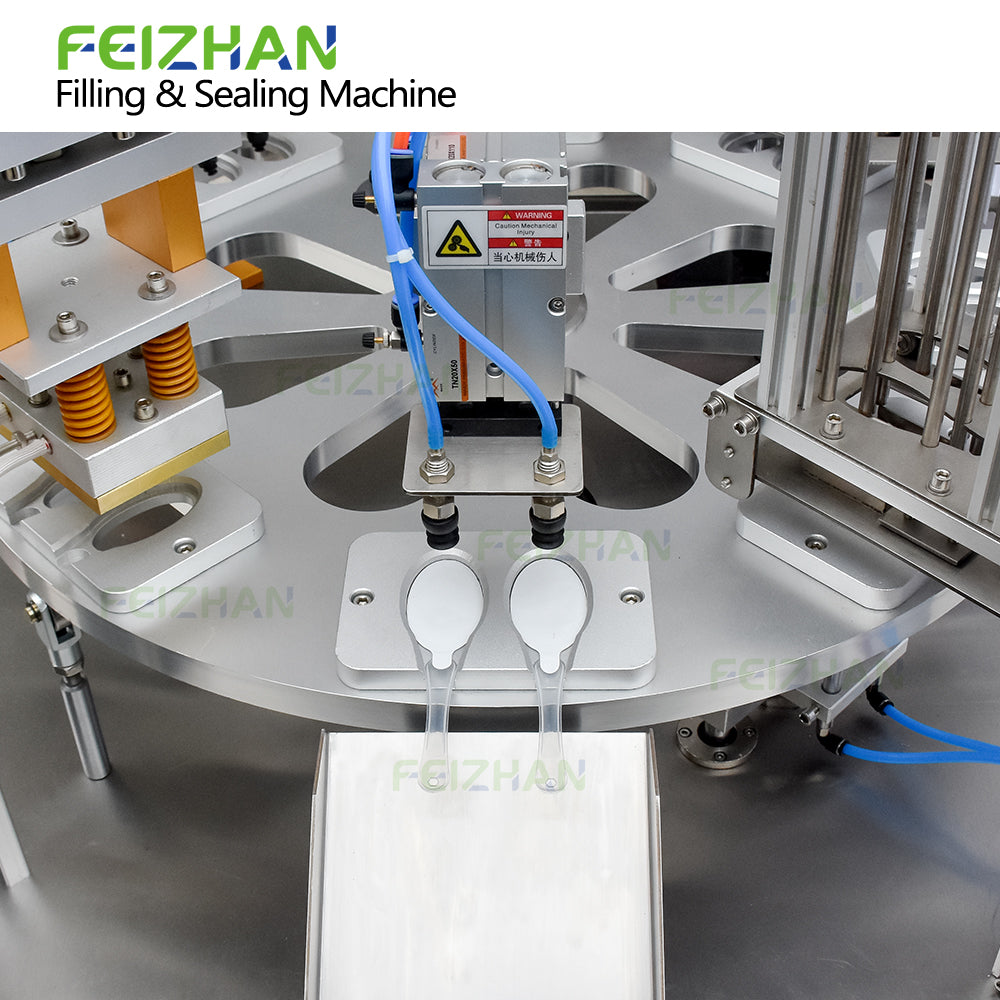 finish product discharge of honey spoon filling and sealing machine